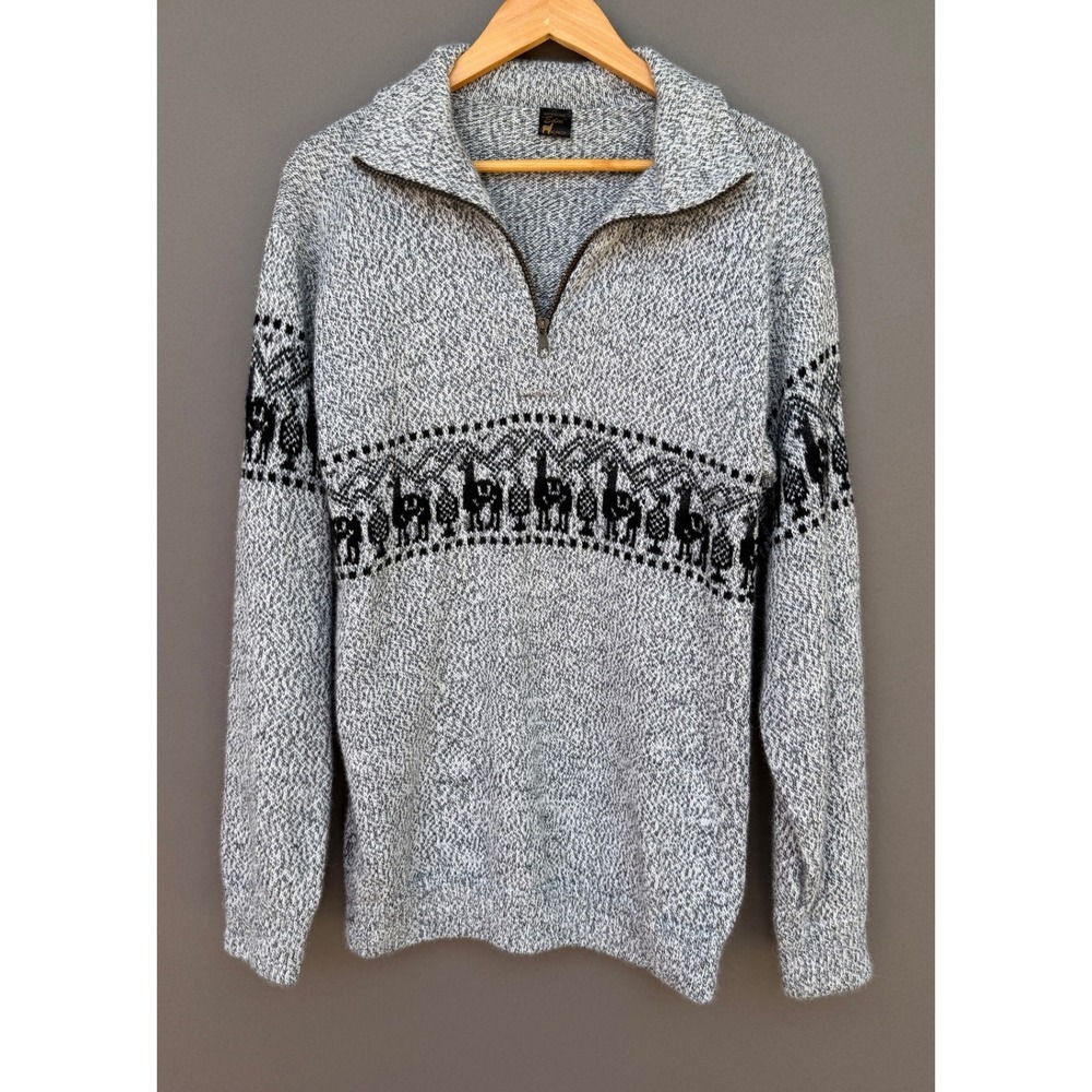 Artesania Edm Alpaca Sweater XL Grey Llama Intarsia Quarter Zip Knit Vintage